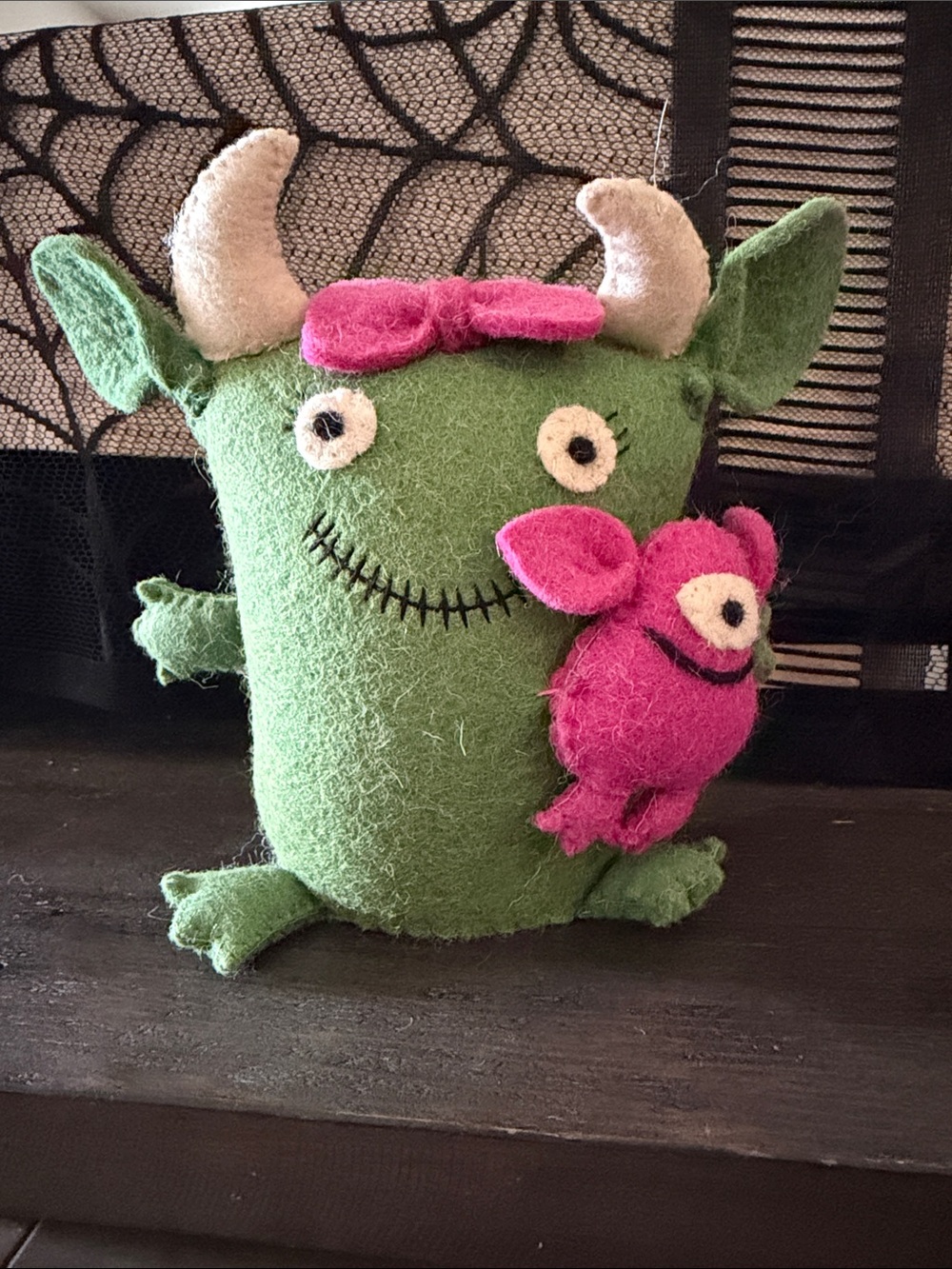 Green Felt Monster Pillow with Pink Buddy - Handmade Plush Accent